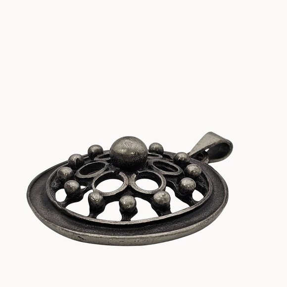 VTG Necklace Pendant Silver Tone Pewter Round Denmark Retro Whimsigoth Floral 2" - Picture 11 of 16
